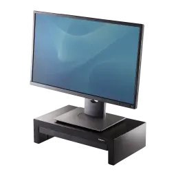 Fellowes Support Moniteur Designer Suites 8038101 Noir Nacré, vue angulaire: support surélevé avec moniteur dessus, tiroir