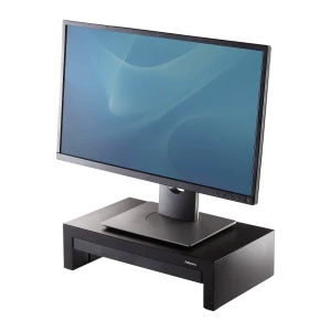 Fellowes Support Moniteur Designer Suites 8038101 Noir Nacré, vue angulaire: support surélevé avec moniteur dessus, tiroir