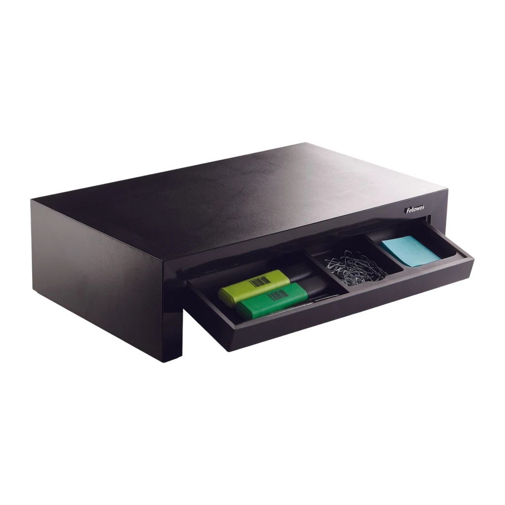Fellowes Support Moniteur Designer Suites 8038101 Noir Nacré, vue angulaire: support surélevé avec moniteur dessus, tiroir - Ítem1