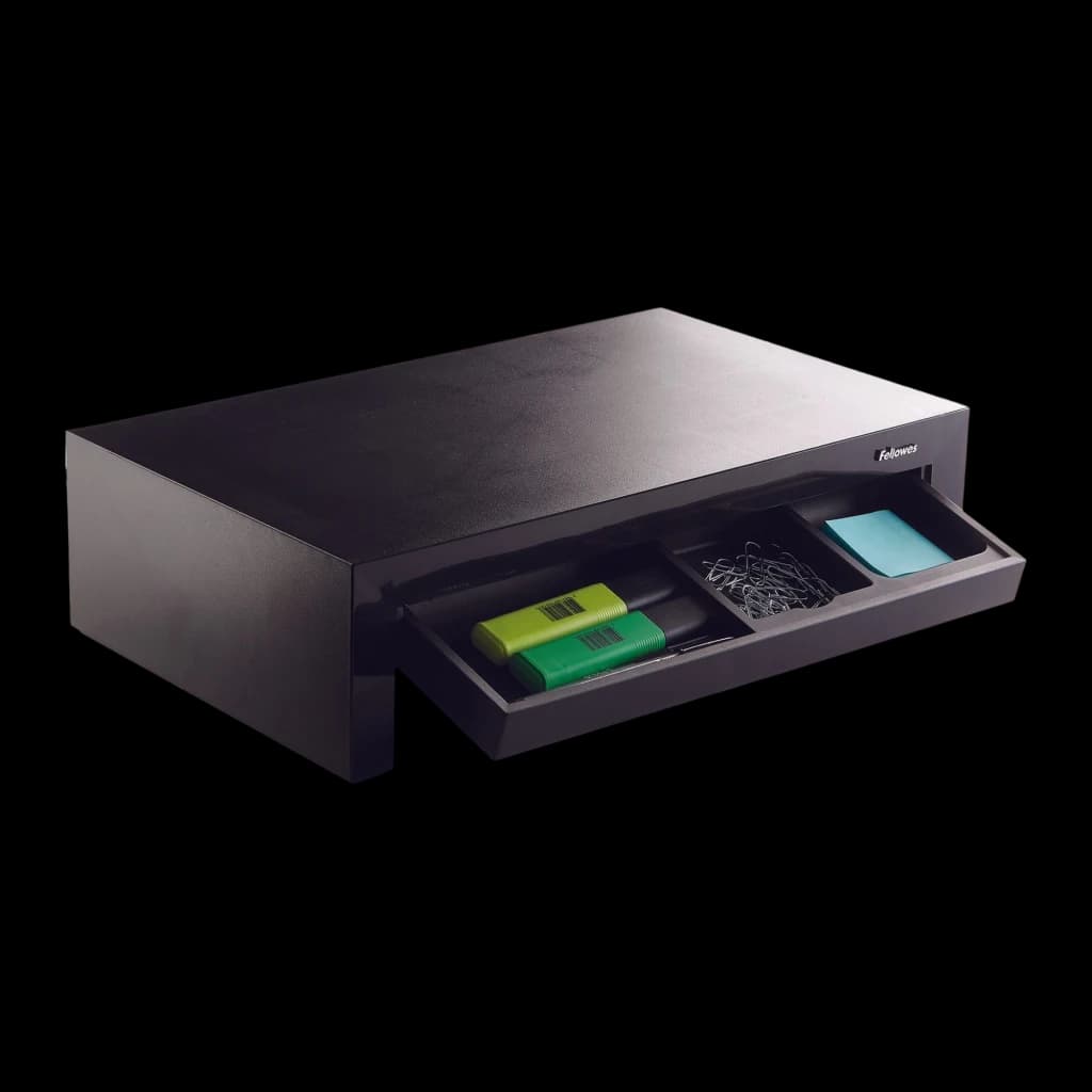 Fellowes Support Moniteur Designer Suites 8038101 Noir Nacré, détail tiroir: tiroir ouvert avec compartiments et fournitures