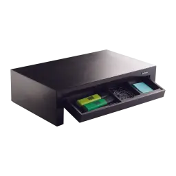 Fellowes Support Moniteur Designer Suites 8038101 Noir Nacré, détail tiroir: tiroir ouvert avec compartiments et fournitures