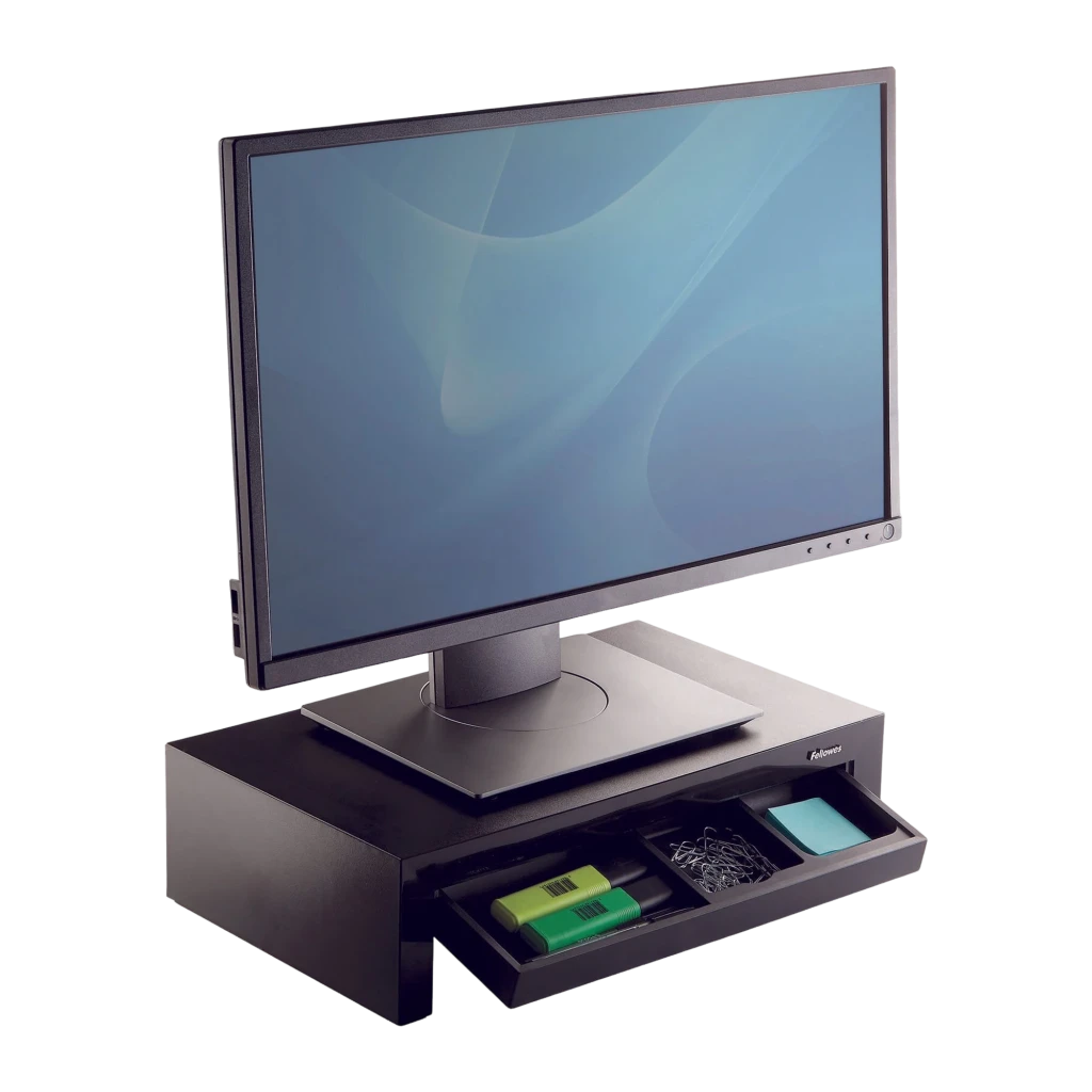 Fellowes Support Moniteur Designer Suites 8038101 Noir Nacré, vue angulaire: support surélevé avec moniteur dessus, tiroir - Ítem2