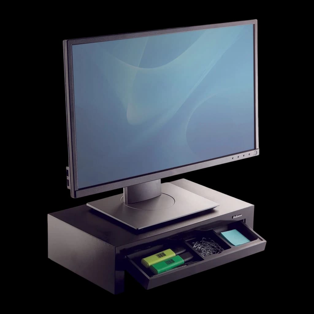 Fellowes Support Moniteur Designer Suites 8038101 Noir Nacré, vue angulaire: tiroir ouvert avec accessoires et moniteur