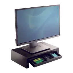 Fellowes Support Moniteur Designer Suites 8038101 Noir Nacré, vue angulaire: tiroir ouvert avec accessoires et moniteur