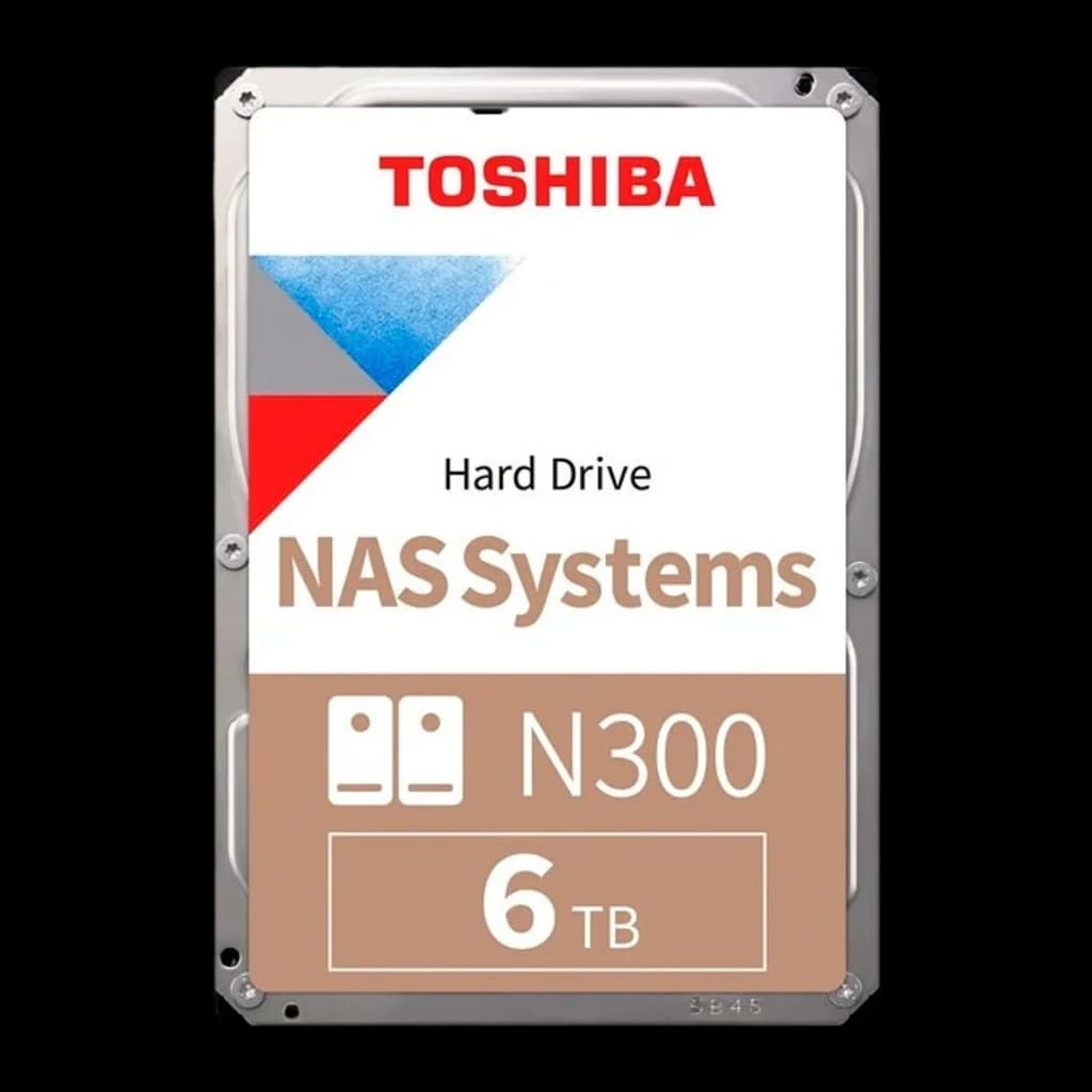 Toshiba N300 6TB prateado, vista frontal: etiqueta com logo, texto NAS Systems e capacidade 6TB