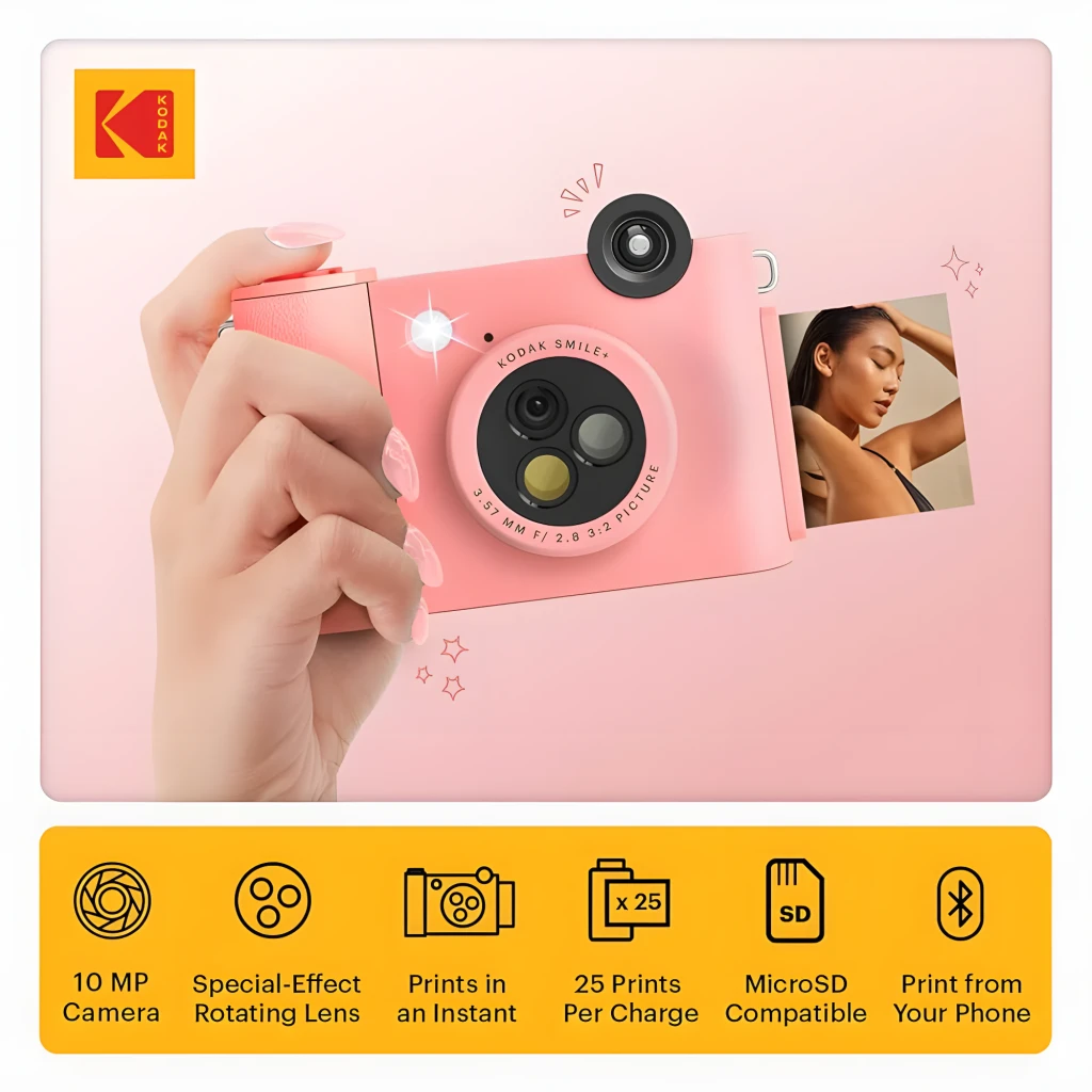 Kodak Instant Camera Smile+ 2x3 rose, vue avant: module caméras, objectif selfie et photos imprimées instantanément - Ítem1