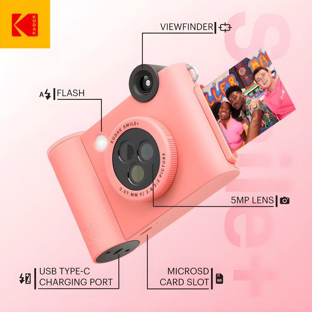 Kodak Instant Camera Smile+ 2x3 rose, vue avant: module caméras, objectif selfie et photos imprimées instantanément - Ítem2