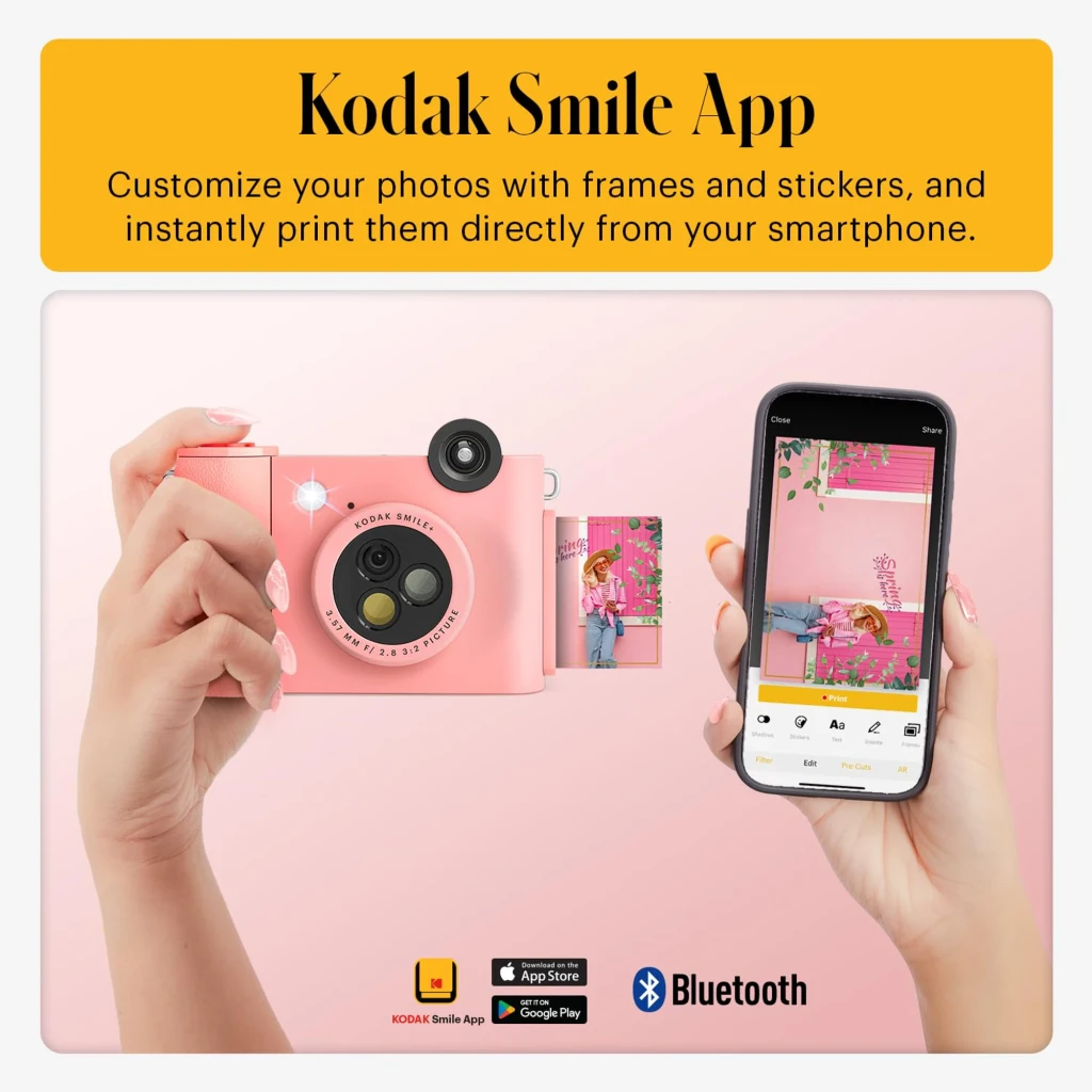 Kodak Instant Camera Smile+ 2x3 rose, vue avant: module caméras, objectif selfie et photos imprimées instantanément - Ítem6