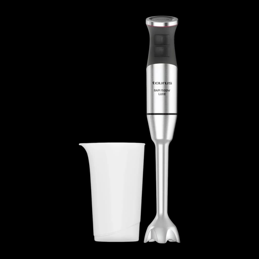 Taurus BAPI 1500 Inox, vue de face: mixeur plongeant inox avec verre doseur blanc sur fond noir