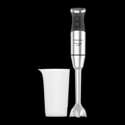 Taurus BAPI 1500 Inox, vue de face: mixeur plongeant inox avec verre doseur blanc sur fond noir