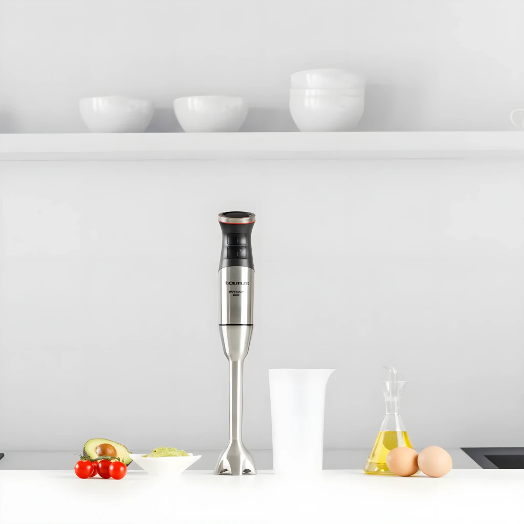Taurus BAPI 1500 Inox, vista frontal: batidora de mano inox con vaso medidor blanco sobre fondo negro - Ítem4