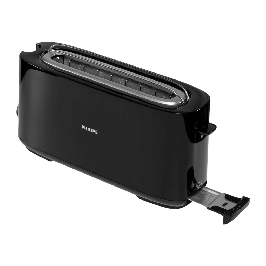Philips Torradeira HD2590/90 Daily Collection preto, vista lateral: duas fatias tostadas na fenda longa, botão STOP e seletor - Item1
