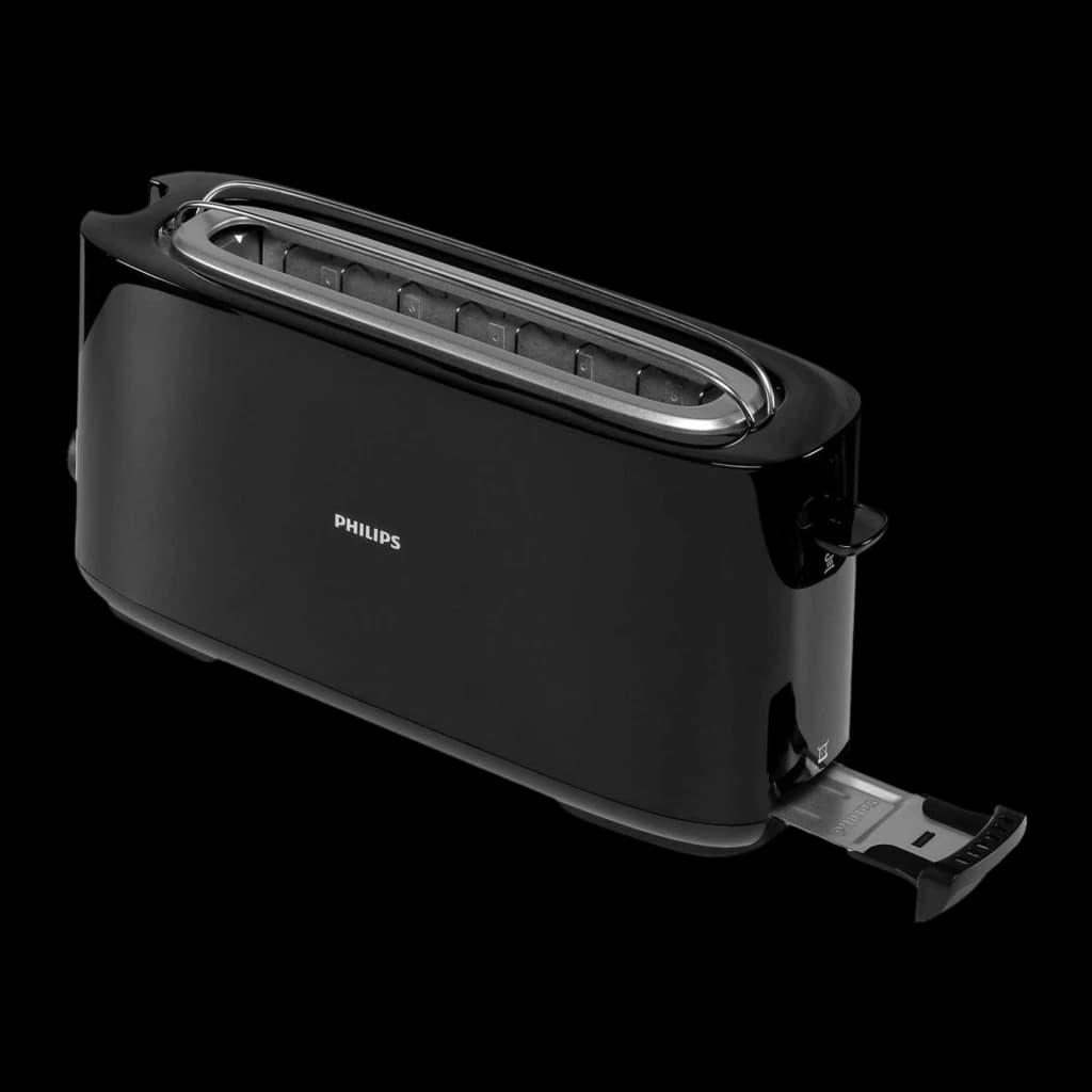 Philips Grille-pain HD2590/90 Daily Collection noir, vue supérieure arrière: fente longue vide et tiroir ramasse-miettes