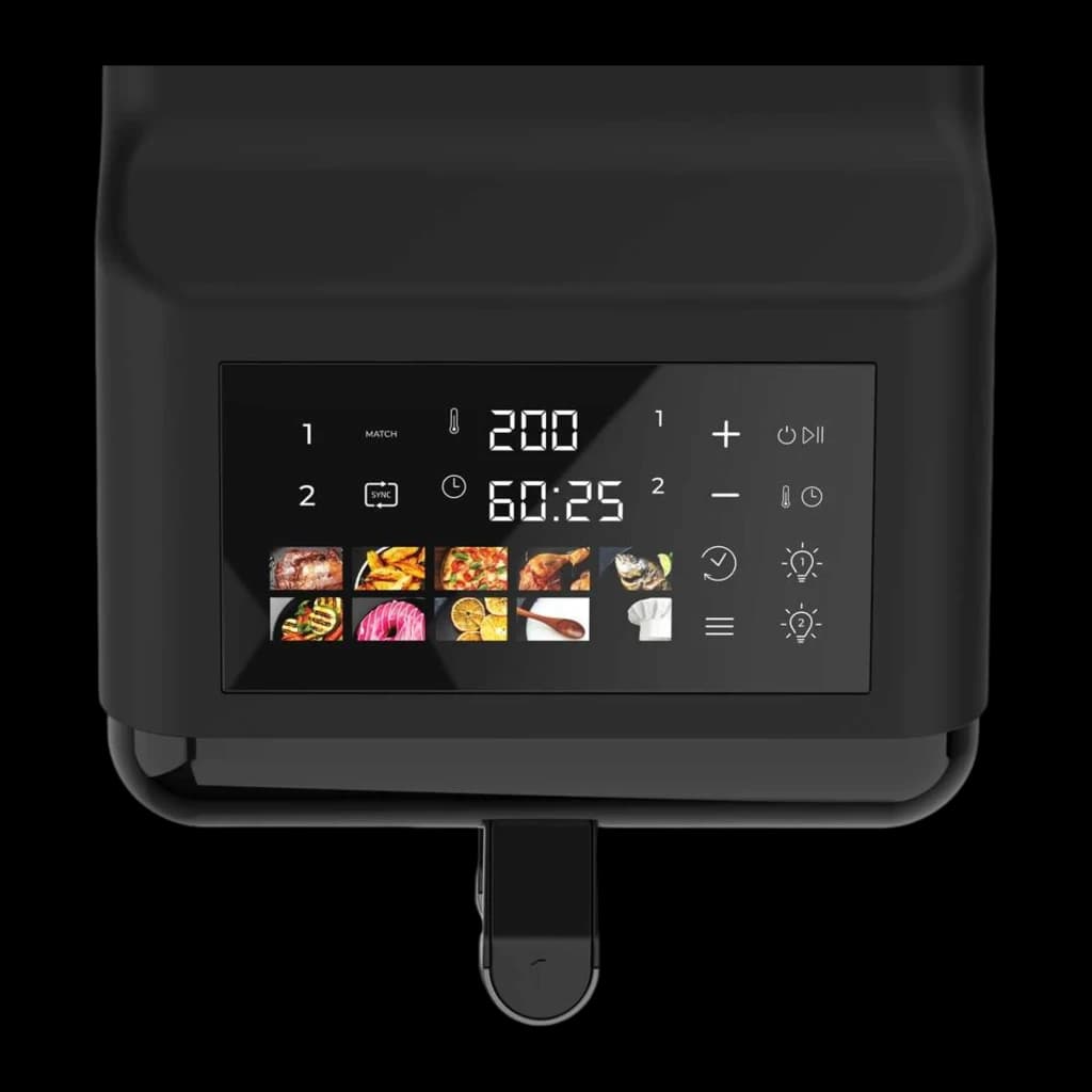 Cecotec Cecofry DuoLevel 12000 Window 12L Negro, detalle panel superior: pantalla táctil con programas, temperatura 200° y