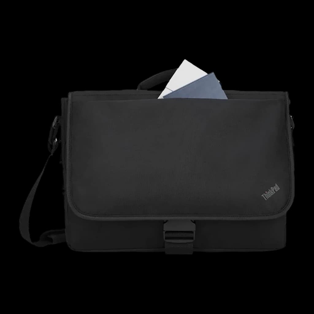 Lenovo ThinkPad 4X40Y95215 bolsa bandoleira preta, vista frontal: aba com logo ThinkPad, fivela e documentos à mostra
