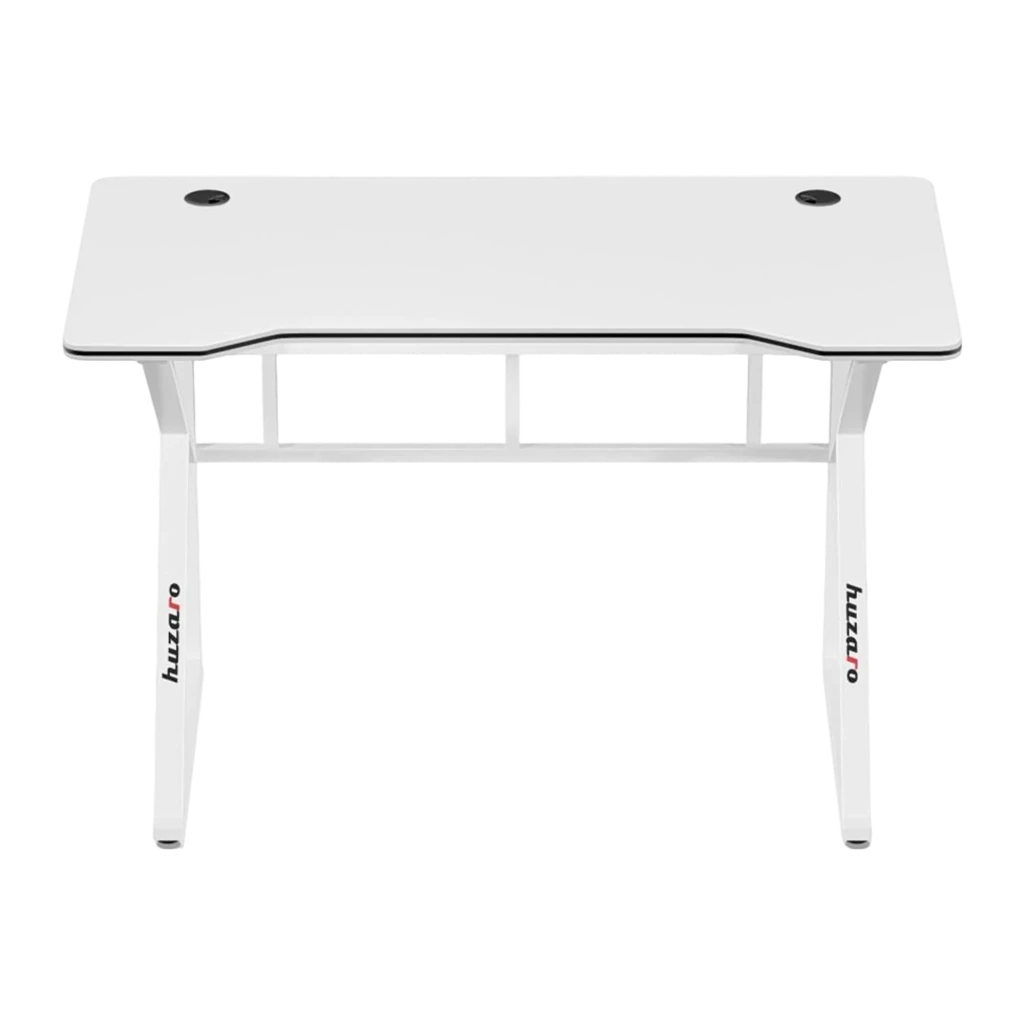 Huzaro Bureau gaming Hero 1.6 Blanc, vue de face: surface blanche, passe-câbles, pieds métalliques avec logo