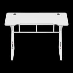 Huzaro Mesa gaming Hero 1.6 Blanca, vista frontal: superficie blanca, pasacables, patas metálicas con logo