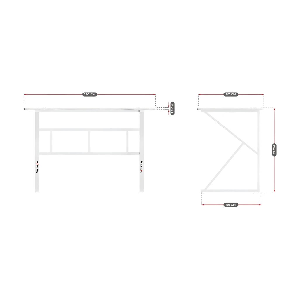 Huzaro Bureau gaming Hero 1.6 Blanc, schéma technique: vues de face et de côté avec cotes 120x60x75 cm