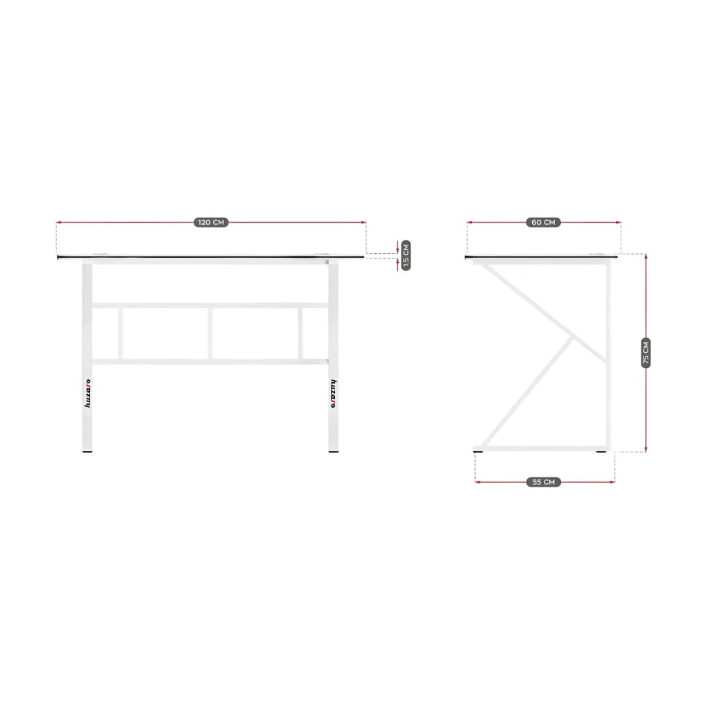 Huzaro Mesa gaming Hero 1.6 Blanca, diagrama técnico: vistas frontal y lateral con cotas 120x60x75 cm