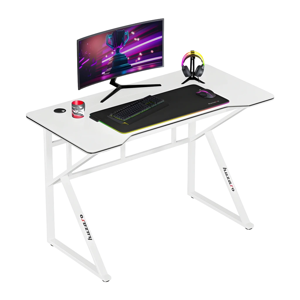 Huzaro Bureau Gaming Hero 1.6 Blanc, vue en perspective: surface blanche avec RGB, moniteur, clavier et casque