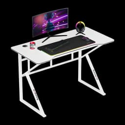 Huzaro Mesa Gaming Hero 1.6 Blanca, vista en perspectiva: superficie blanca con RGB, monitor, teclado y auriculares