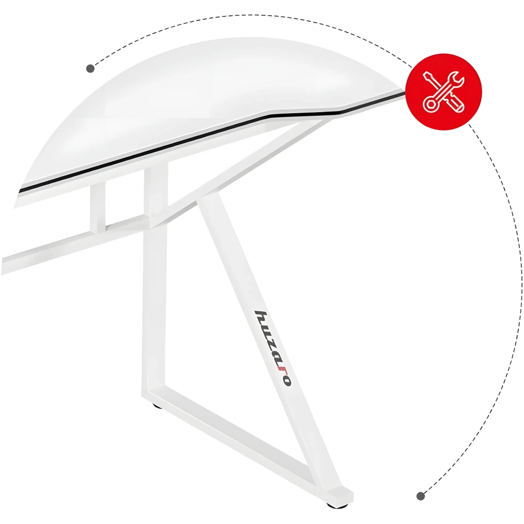 Huzaro Bureau gaming Hero 1.6 Blanc, vue latérale: pieds en Z et plateau courbé avec icône de montage facile