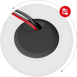 Huzaro Mesa gaming Hero 1.6 Blanca, detalle: pasacables circular negro en tablero con cables rojos y trenzados
