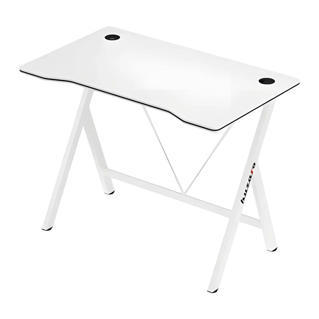 Huzaro Bureau gaming Hero 1.6 Blanc, vue en perspective: plateau blanc avec passe-câbles et pieds en X avec logo