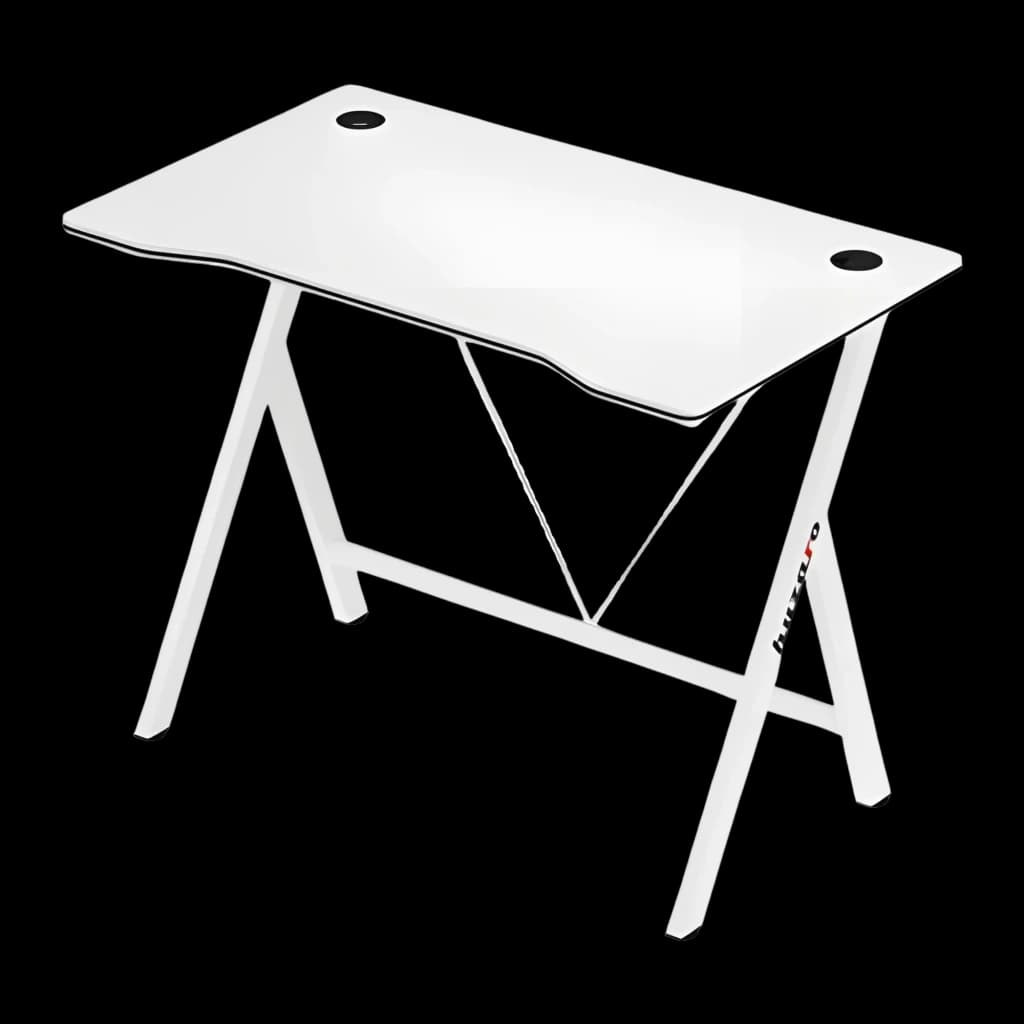 Huzaro Mesa gaming Hero 1.6 Blanca, vista en perspectiva: superficie blanca con pasacables y patas en X con logo