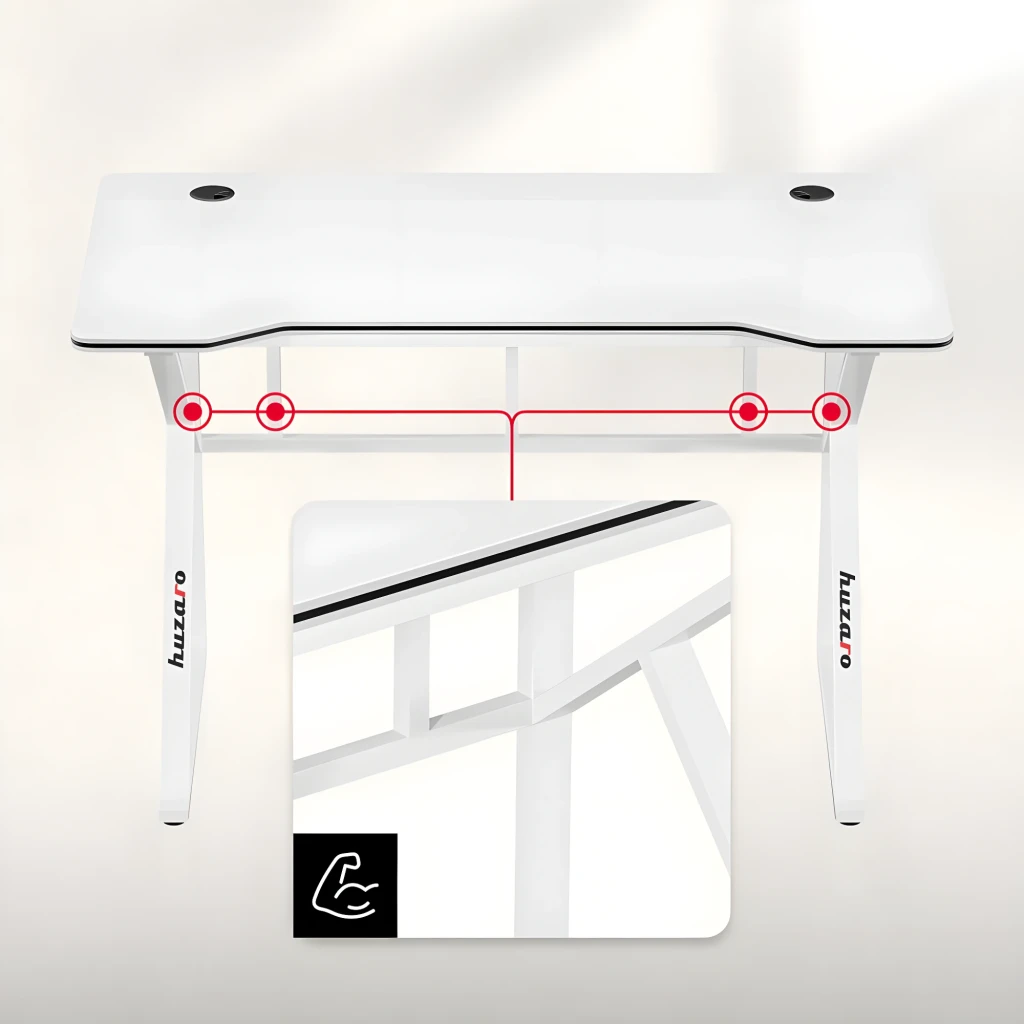 Huzaro Bureau Gaming Hero 1.6 Blanc, détail structure: pieds renforcés avec schéma des points d'ancrage et zoom de
