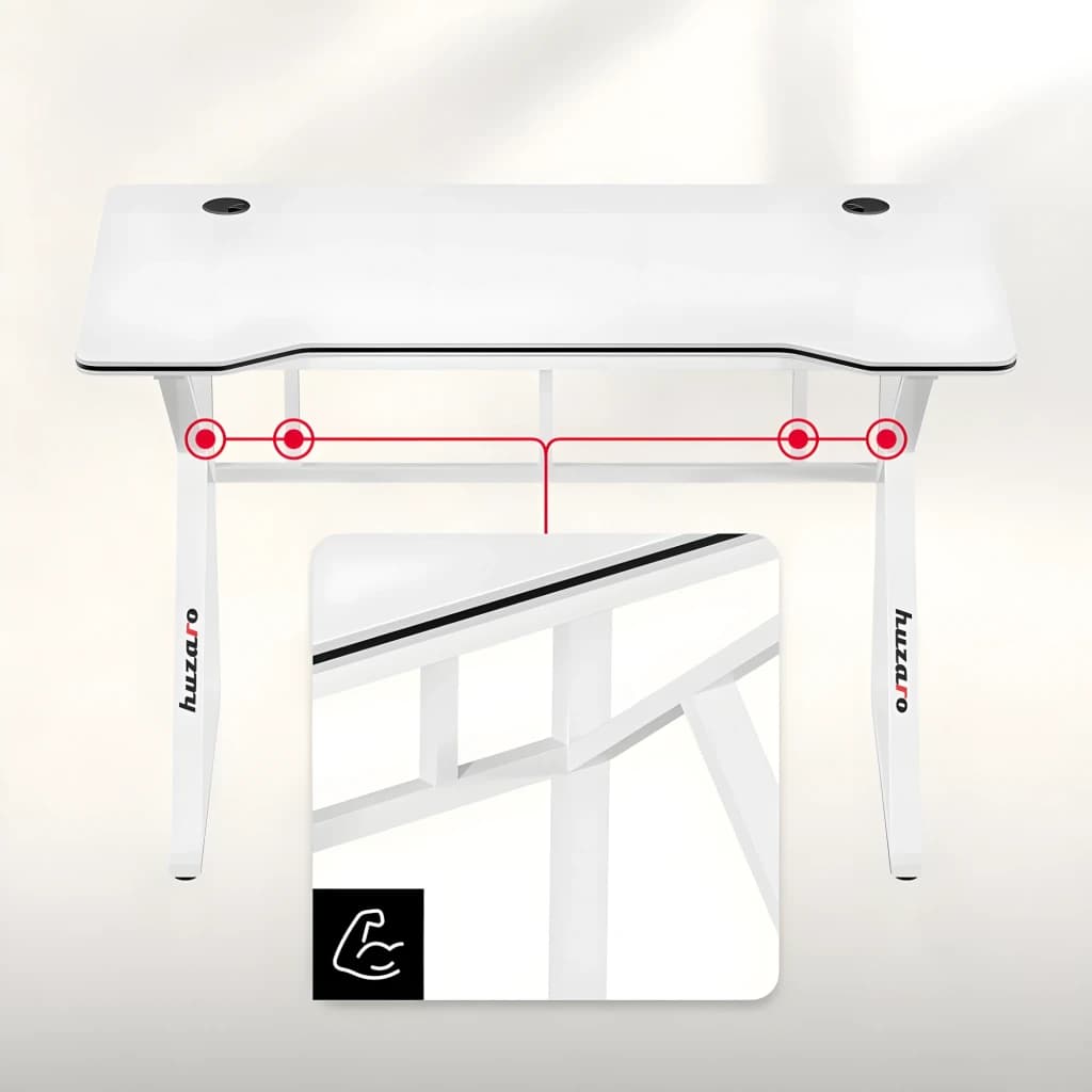 Huzaro Mesa Gaming Hero 1.6 Blanca, detalle estructura: patas reforzadas con diagrama de puntos de anclaje y zoom de unión