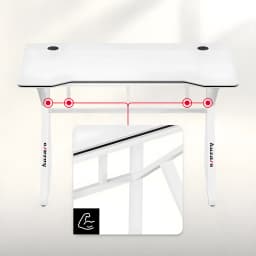 Huzaro Mesa Gaming Hero 1.6 Blanca, detalle estructura: patas reforzadas con diagrama de puntos de anclaje y zoom de unión