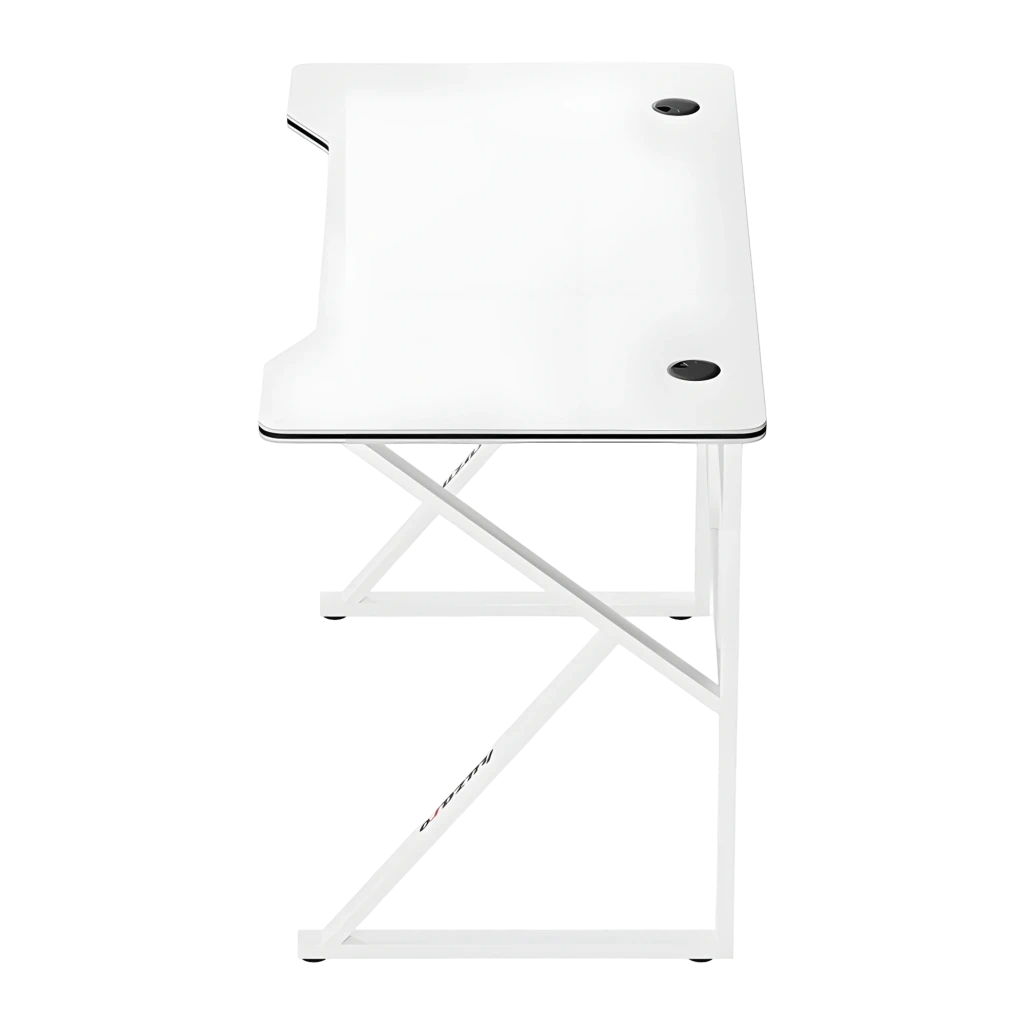Huzaro Bureau Gaming Hero 1.6 Blanc, vue latérale: plateau blanc avec deux passe-câbles et structure métallique en X