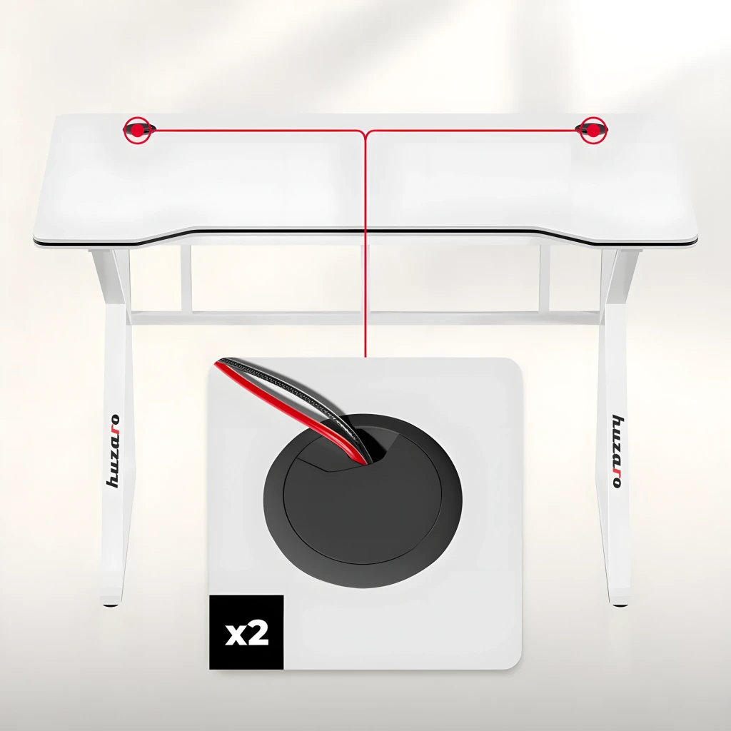 Huzaro Bureau gaming Hero 1.6 Blanc, détail: passe-câbles circulaire noir x2 mis en évidence par des lignes rouges sur le