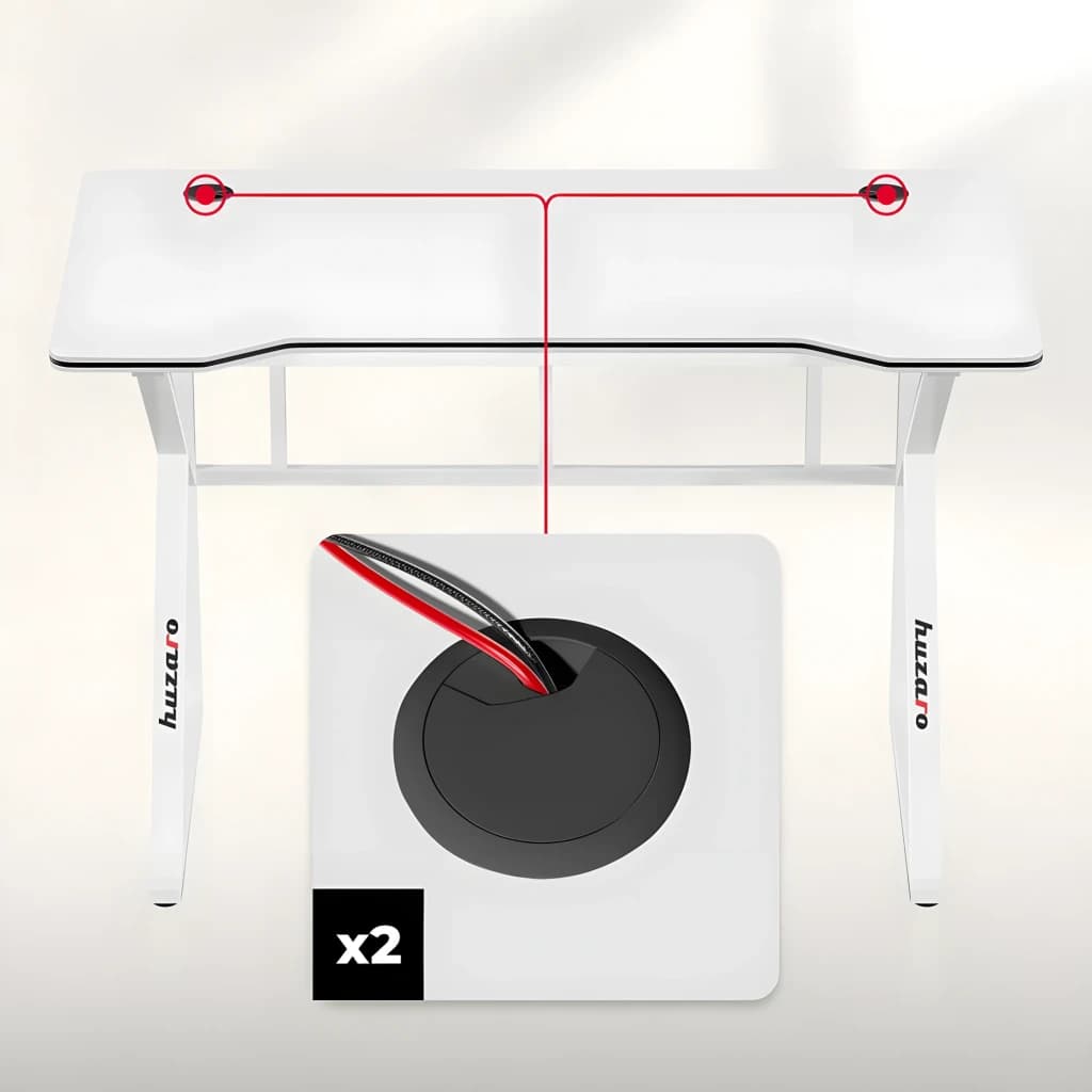 Huzaro Mesa gaming Hero 1.6 Blanca, detalle: pasacables circular negro x2 destacado con líneas rojas en la superficie