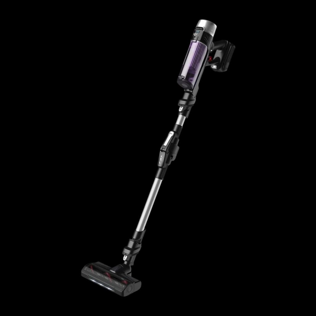 Rowenta X-Force Flex 9.60 Allergy RH2037WO preto roxo, vista diagonal: aspirador de cabo completo com depósito roxo e escova