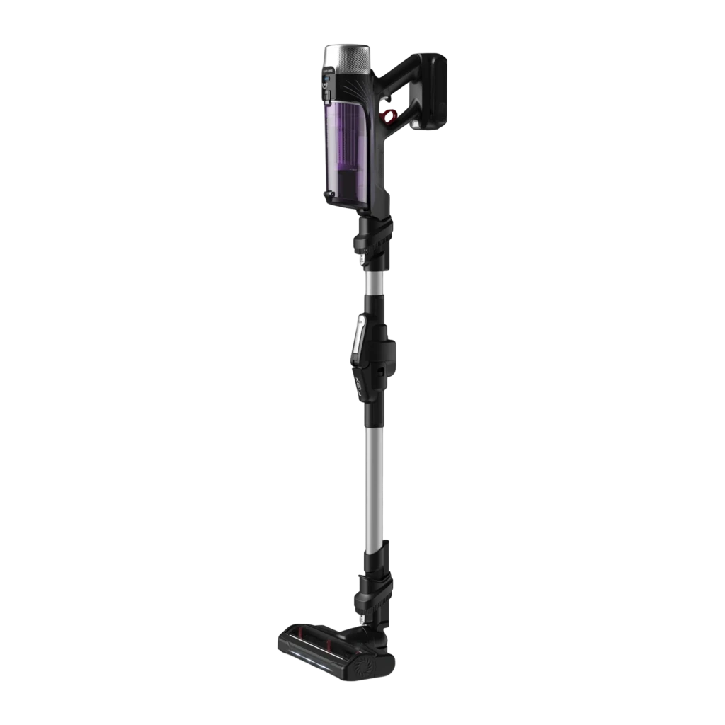 Rowenta X-Force Flex 9.60 Allergy RH2037WO preto roxo, vista diagonal: aspirador de cabo completo com depósito roxo e escova - Item1