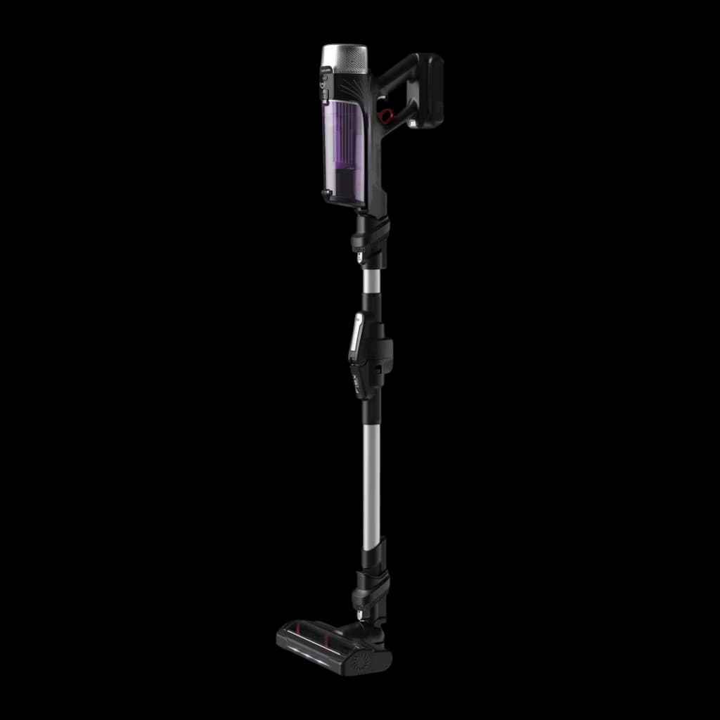 Rowenta X-Force Flex 9.60 Allergy RH2037WO preto roxo, vista lateral: perfil reto com tubo extensível e depósito roxo