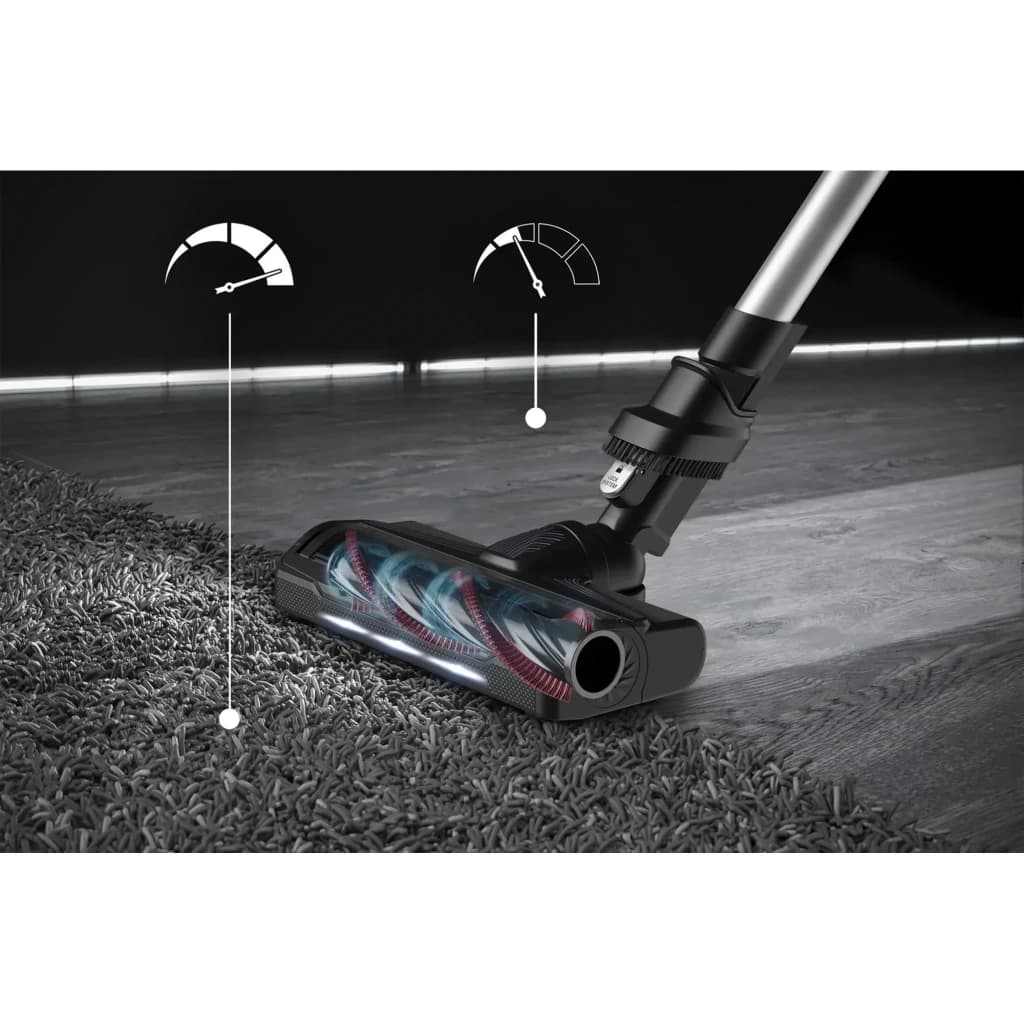 Rowenta X-Force Flex 9.60 Allergy RH2037WO Preto Roxo, detalhe escova: cabeçote em tapete com rolo giratório iluminado e