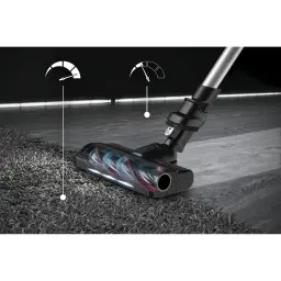 Rowenta X-Force Flex 9.60 Allergy RH2037WO Preto Roxo, detalhe escova: cabeçote em tapete com rolo giratório iluminado e