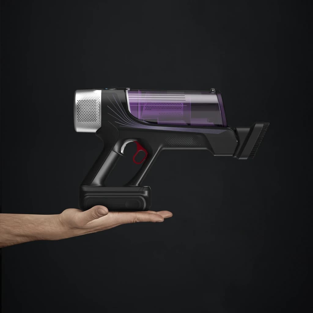 Rowenta X-Force Flex 9.60 Allergy RH2037WO preto roxo, vista lateral: corpo compacto segurado na mão, depósito roxo e filtro