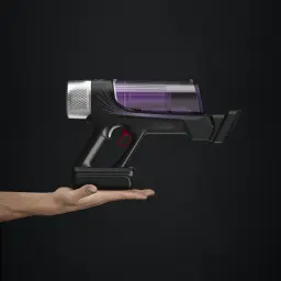 Rowenta X-Force Flex 9.60 Allergy RH2037WO preto roxo, vista lateral: corpo compacto segurado na mão, depósito roxo e filtro