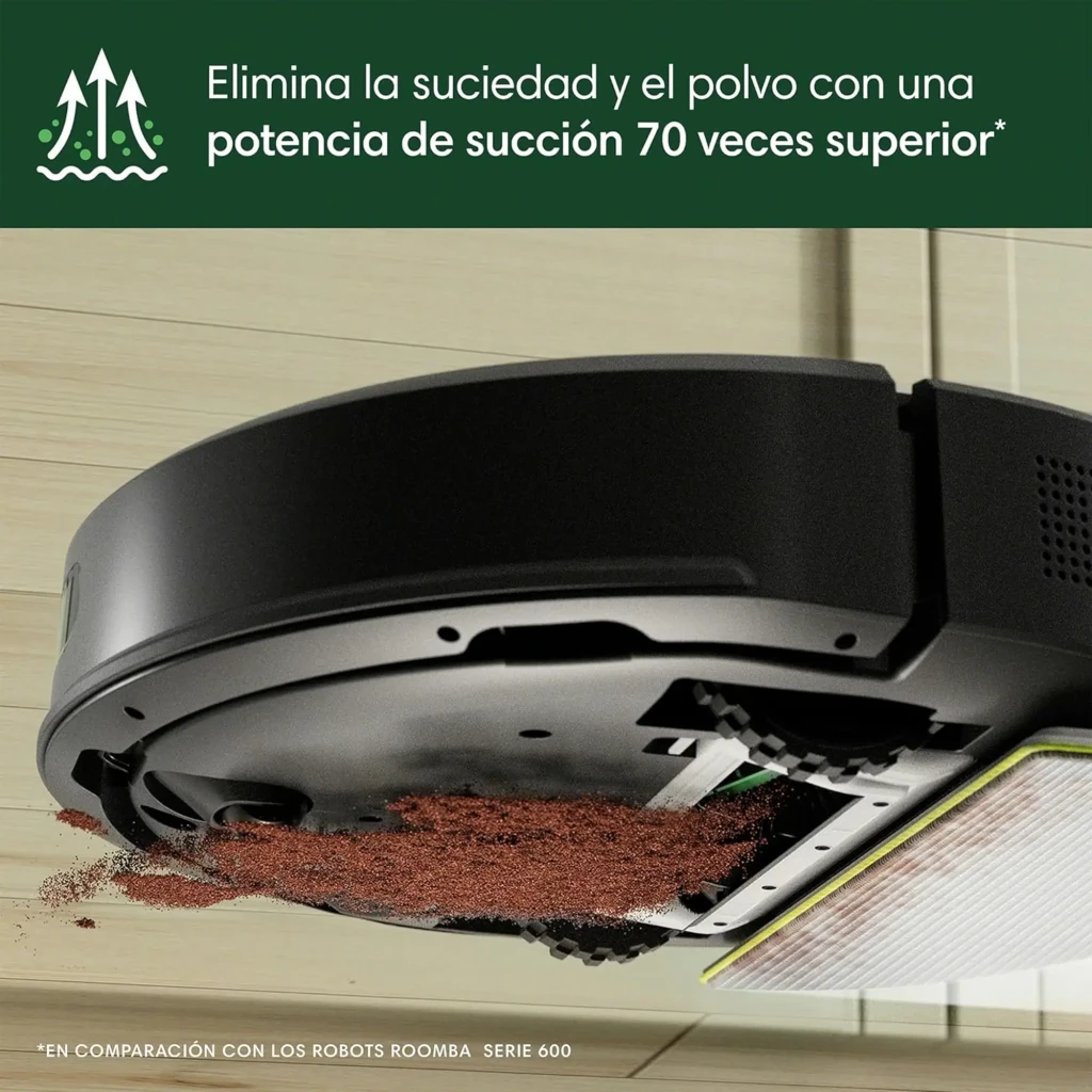 iRobot Roomba Combo 105 noir, vue avant en angle avec base de charge: robot amarré à la station noire compacte, capteur - Ítem9
