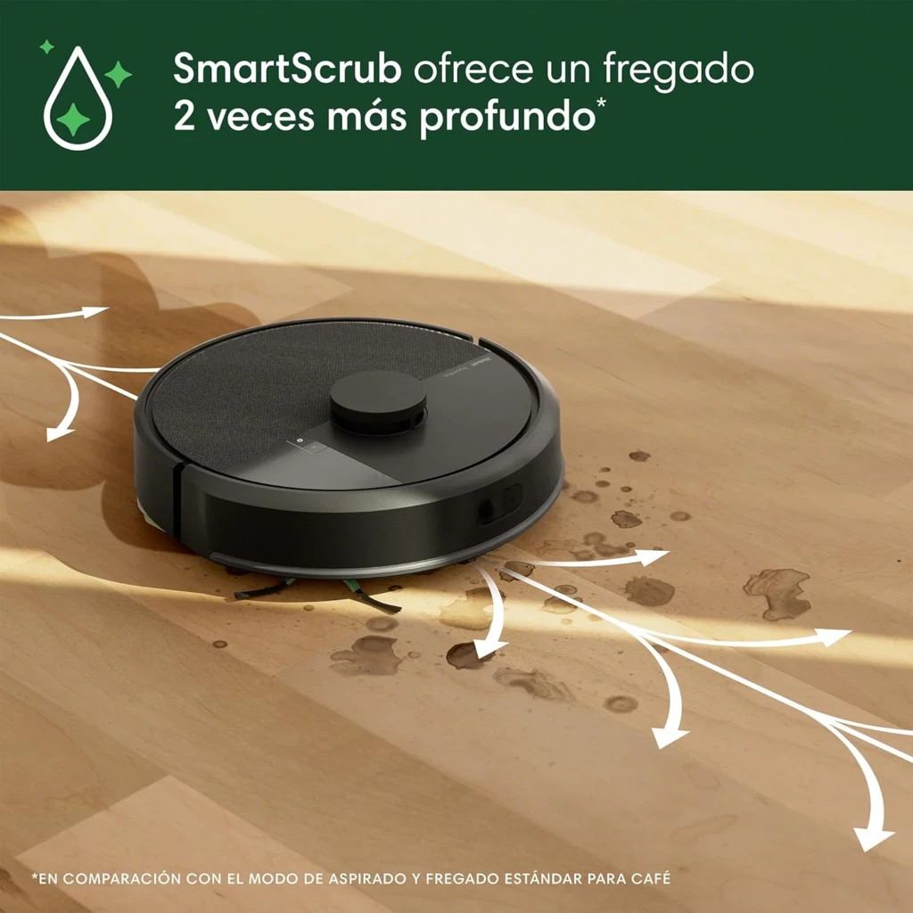 iRobot Roomba Combo 105 noir, vue avant en angle avec base de charge: robot amarré à la station noire compacte, capteur - Ítem4