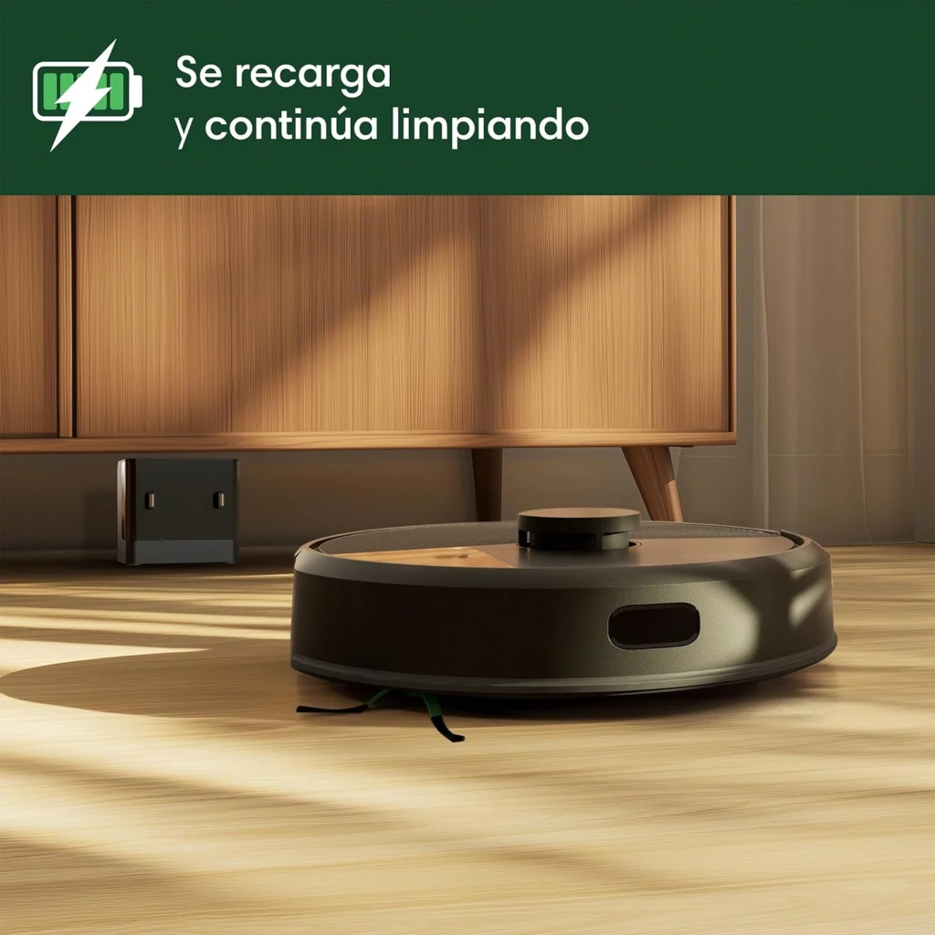 iRobot Roomba Combo 105 noir, vue avant en angle avec base de charge: robot amarré à la station noire compacte, capteur - Ítem5