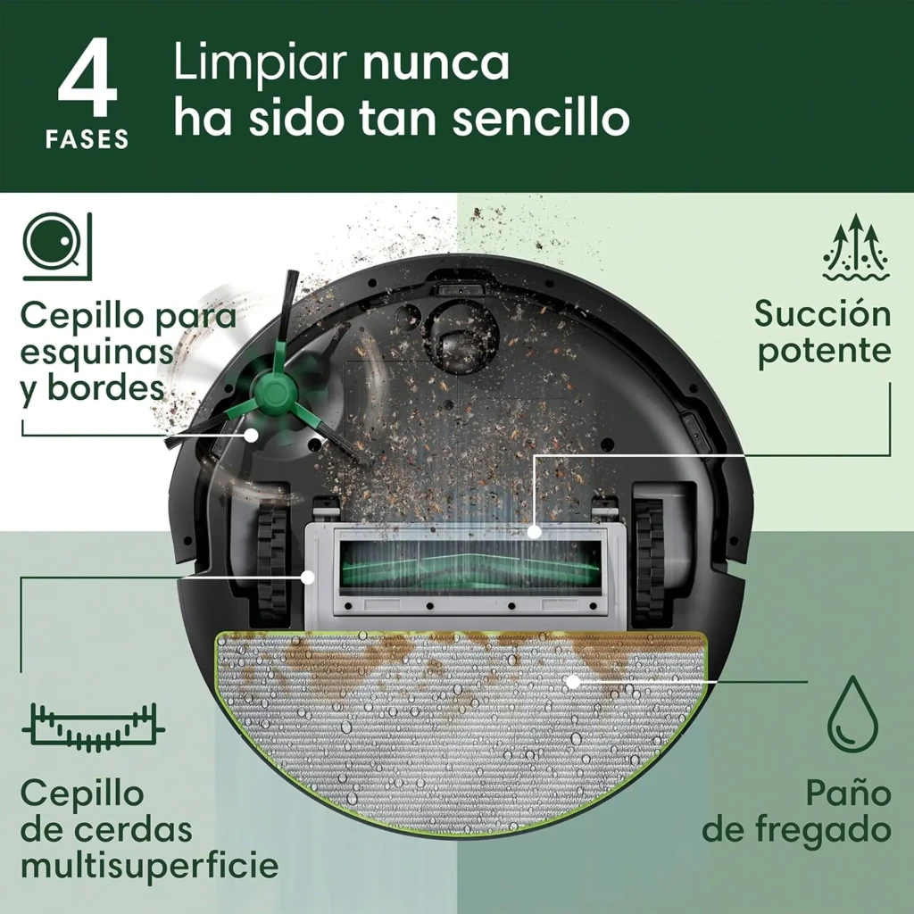 iRobot Roomba Combo 105 noir, vue avant en angle avec base de charge: robot amarré à la station noire compacte, capteur - Ítem7