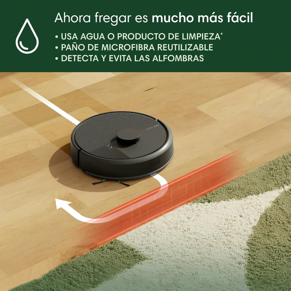 iRobot Roomba Combo 105 noir, vue avant en angle avec base de charge: robot amarré à la station noire compacte, capteur - Ítem8