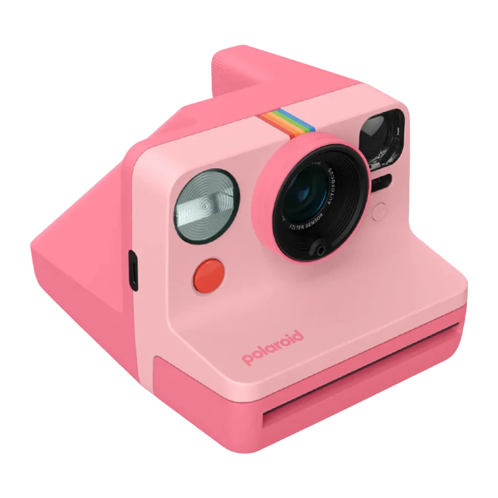Polaroid Now Generation 3 Rosa, vista frontal: lente, flash, franja arcoíris y foto instantánea saliendo - Ítem1