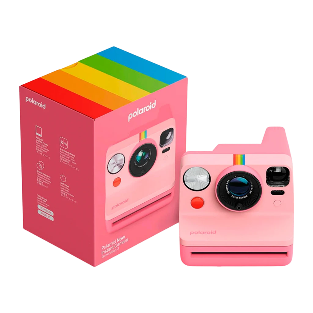 Polaroid Now Generation 3 Rosa, vista frontal: lente, flash, franja arcoíris y foto instantánea saliendo - Ítem2