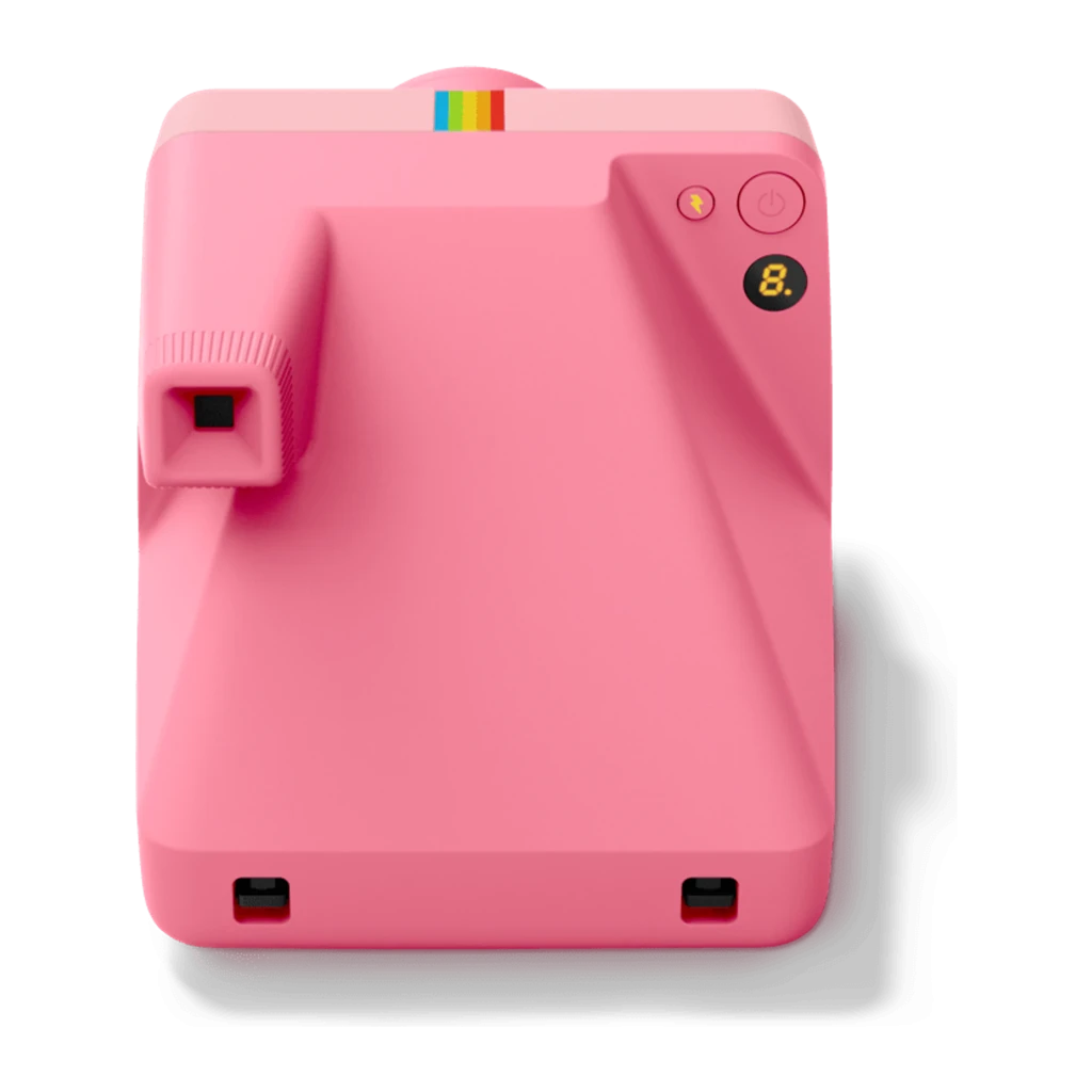 Polaroid Now Generation 3 Rosa, vista frontal: lente, flash, franja arcoíris y foto instantánea saliendo - Ítem3